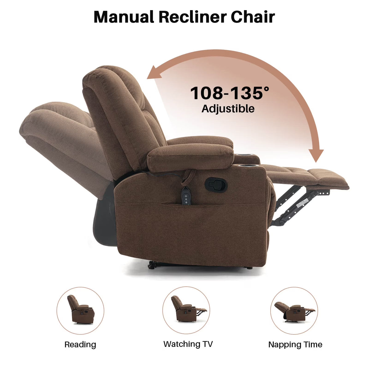 BRILHAMEZ Manual Recliner with Heating and Massage Functions Features Cup Holders and Side Storage Pockets Ideal for Bedrooms and Living Rooms Chenille Fabric for Soft Comfort,Brown