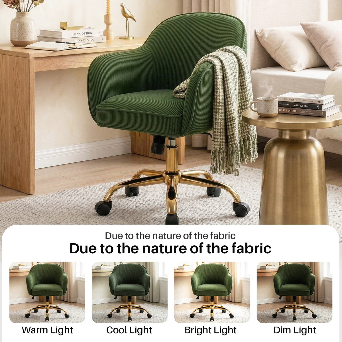 JURANYAZHU Velvet Office Chair, Ergonomic Desk Chair with Adjustable Height, 360° Swivel, Padded Armrests for Home Office, Green