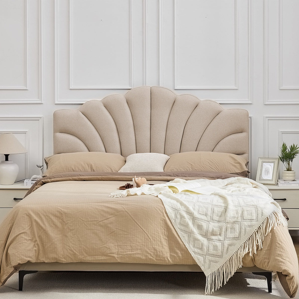BRILHAMEZ Upholstered Full/Queen Headboard with Petal Design Adjustable Height and Width Linen Fabric,Khaki