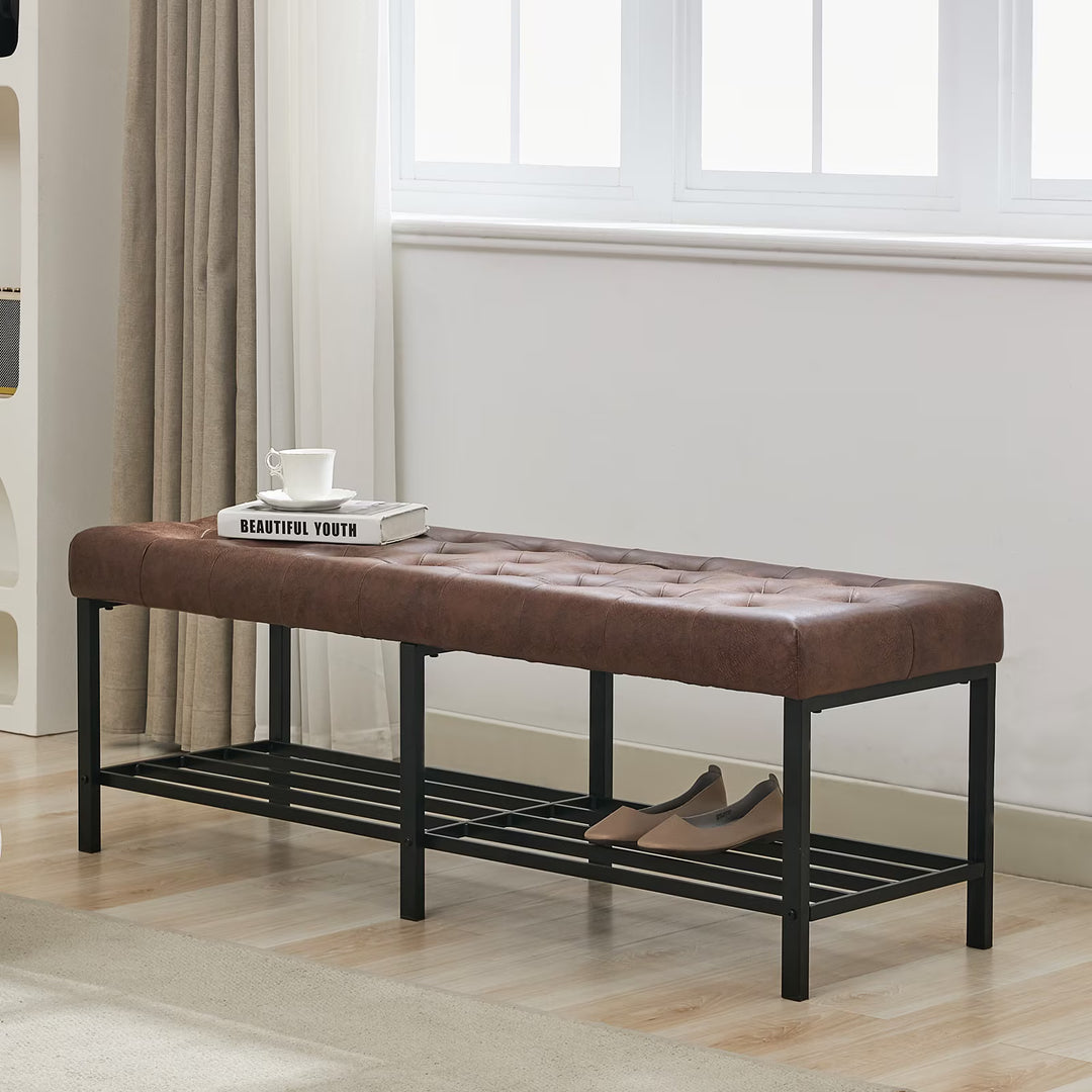 BRILHAMEZ 55"Wide Upholstered Bench Bed End Bench with Storage Box Iron Frame Shoe Bench for Bedroom Living Room Entryway,Dark Brown