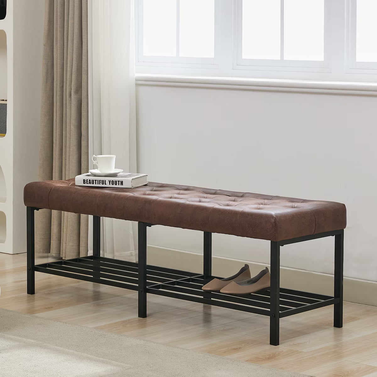 BRILHAMEZ 55"Wide Upholstered Bench Bed End Bench with Storage Box Iron Frame Shoe Bench for Bedroom Living Room Entryway,Dark Brown