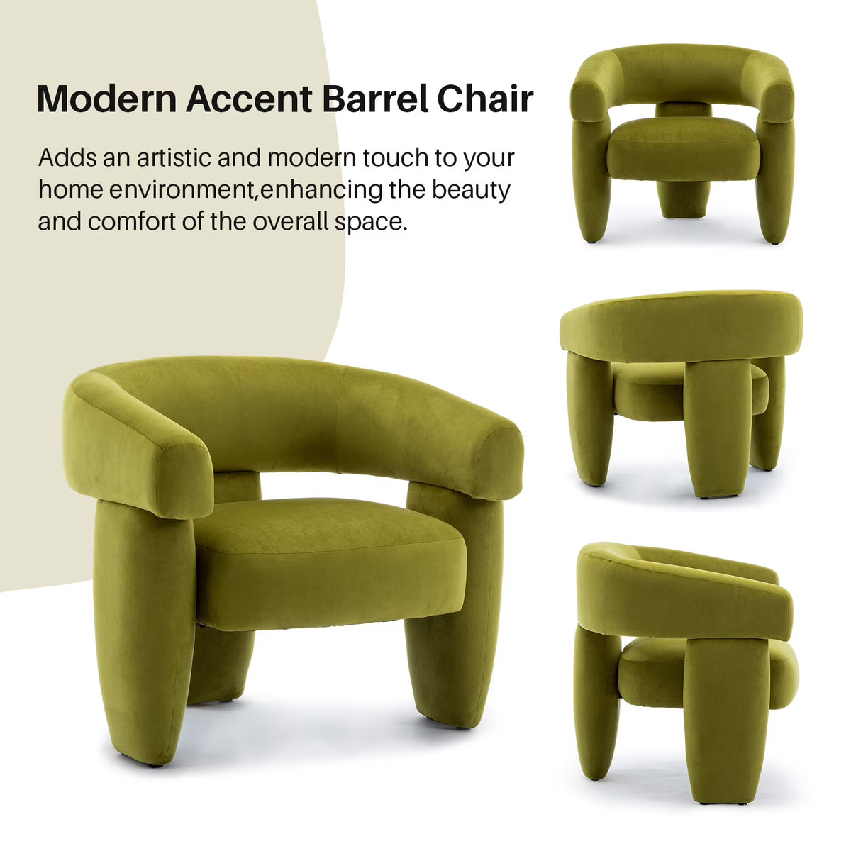 BRILHAMEZ Modern Accent Chair, Barrel Upholstered Armchair, Velvet Single Sofa Chair for Living Room, Bedroom, Reading,Green