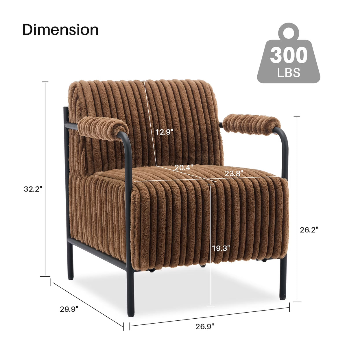 BRILHAMEZ 26.9W Velvet Accent Chair Modern Metal Frame Upholstered Armchair for Living Room, Bedroom (Brown)