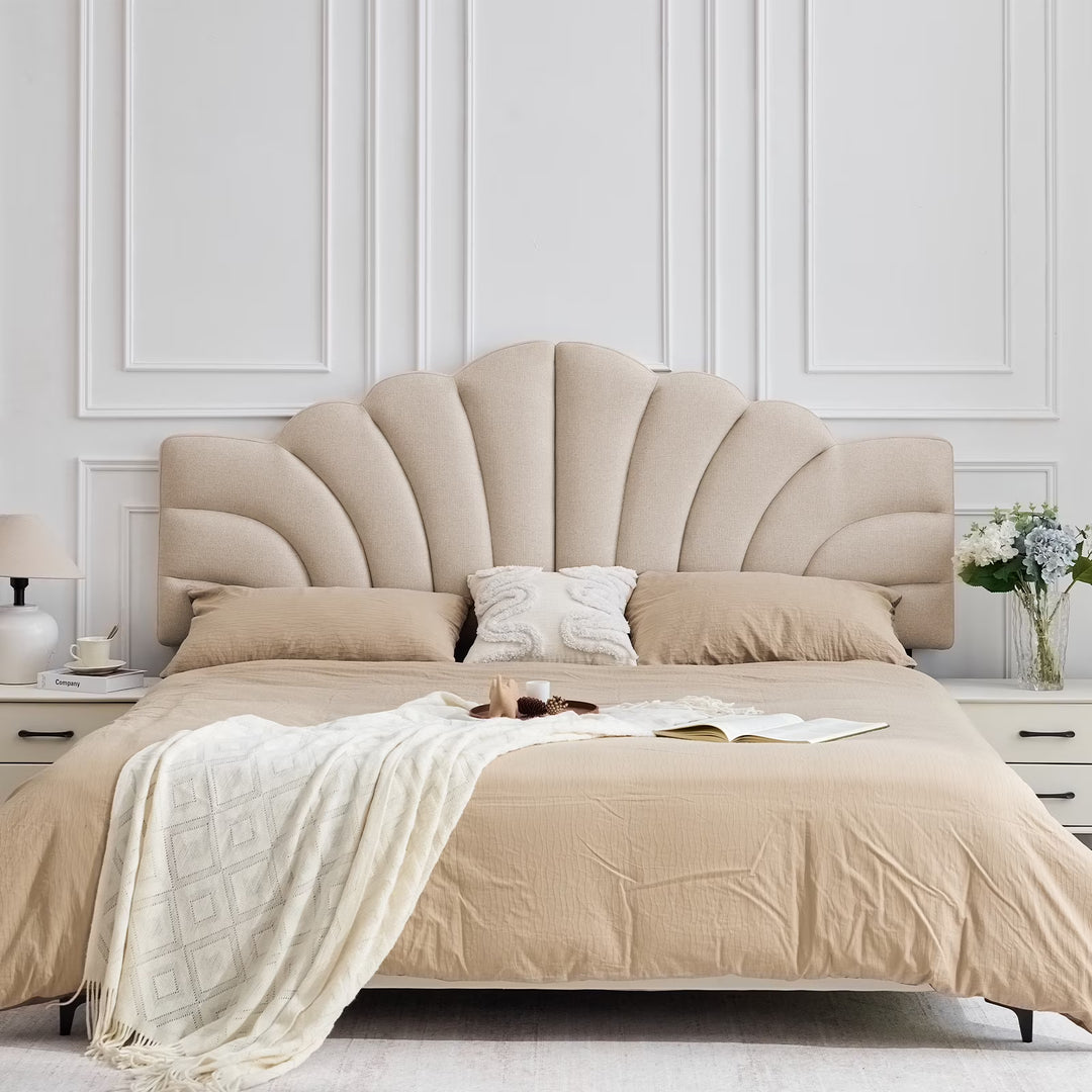 BRILHAMEZ Upholstered Full/Queen Headboard with Petal Design Adjustable Height and Width Linen Fabric,Khaki