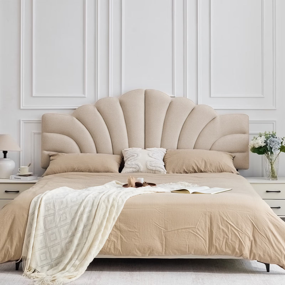 BRILHAMEZ Upholstered Full/Queen Headboard with Petal Design Adjustable Height and Width Linen Fabric,Khaki