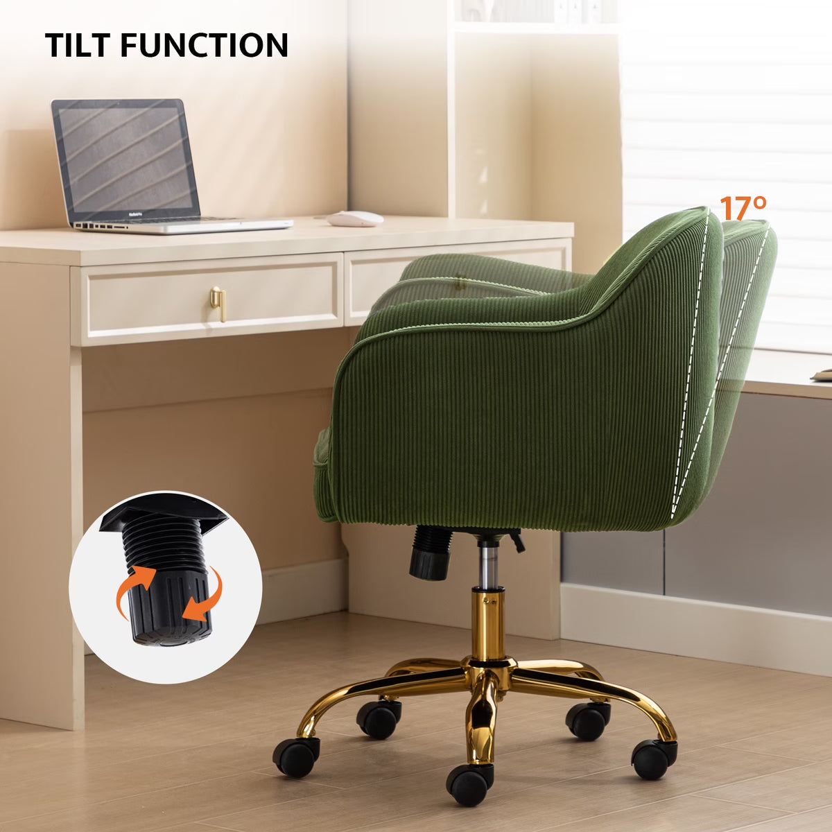 JURANYAZHU Velvet Office Chair, Ergonomic Desk Chair with Adjustable Height, 360° Swivel, Padded Armrests for Home Office, Green