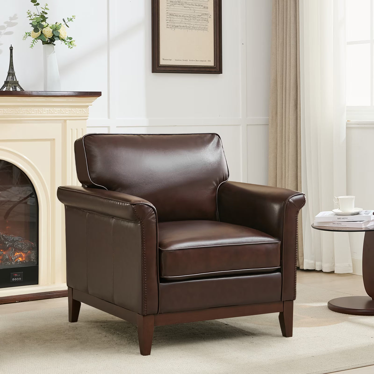 BRILHAMEZ Genuine Leather Accent Armchair with Adjustable Legs for Living Room Reading Office,Dark Brown