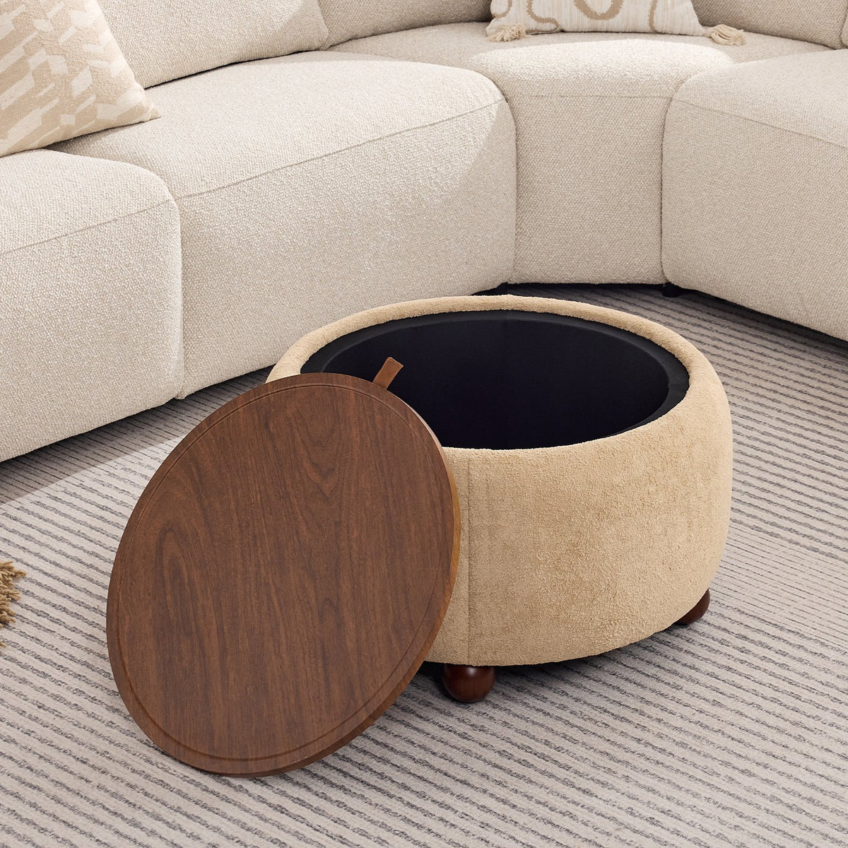 BRILHAMEZ Round Storage Ottoman with Reversible Wooden Tray, Modern Upholstered Footstool & Small Coffee Table with Hidden Compartment