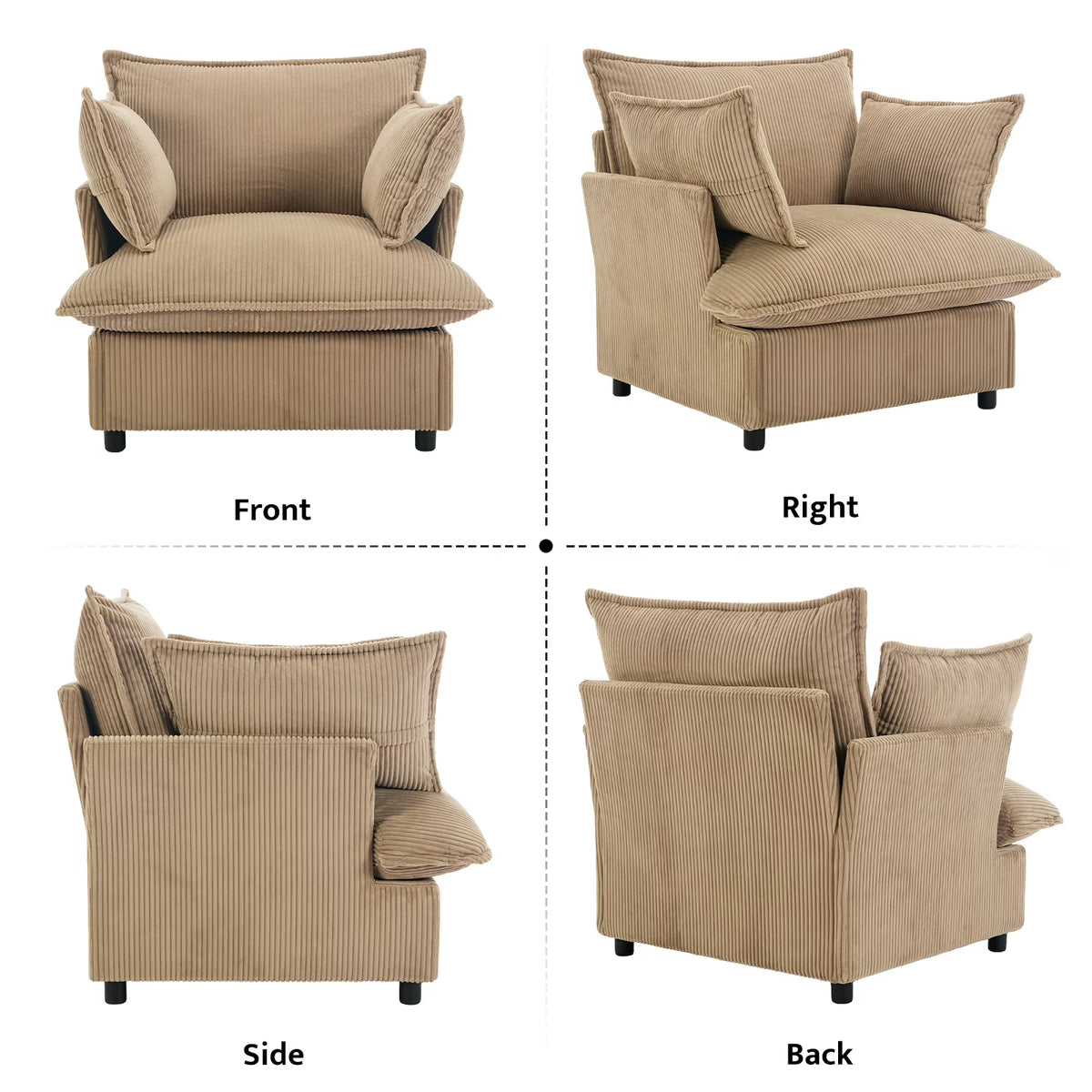 BRILHAMEZ 35" Wide Modern Oversized Accent Chair, Corduroy Single Sofa with Two Armrest Pillows,for Living Room, Reading, Office,Brown