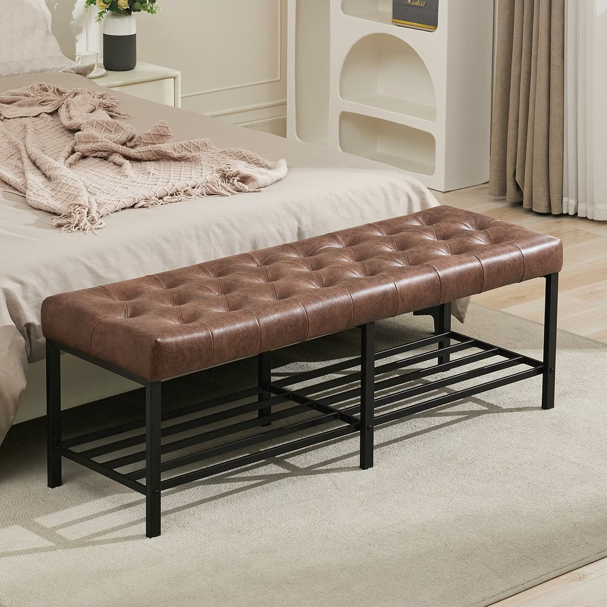 BRILHAMEZ 55"Wide Upholstered Bench Bed End Bench with Storage Box Iron Frame Shoe Bench for Bedroom Living Room Entryway,Dark Brown