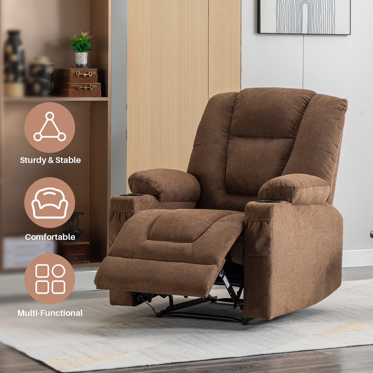 BRILHAMEZ Manual Recliner with Heating and Massage Functions Features Cup Holders and Side Storage Pockets Ideal for Bedrooms and Living Rooms Chenille Fabric for Soft Comfort,Brown