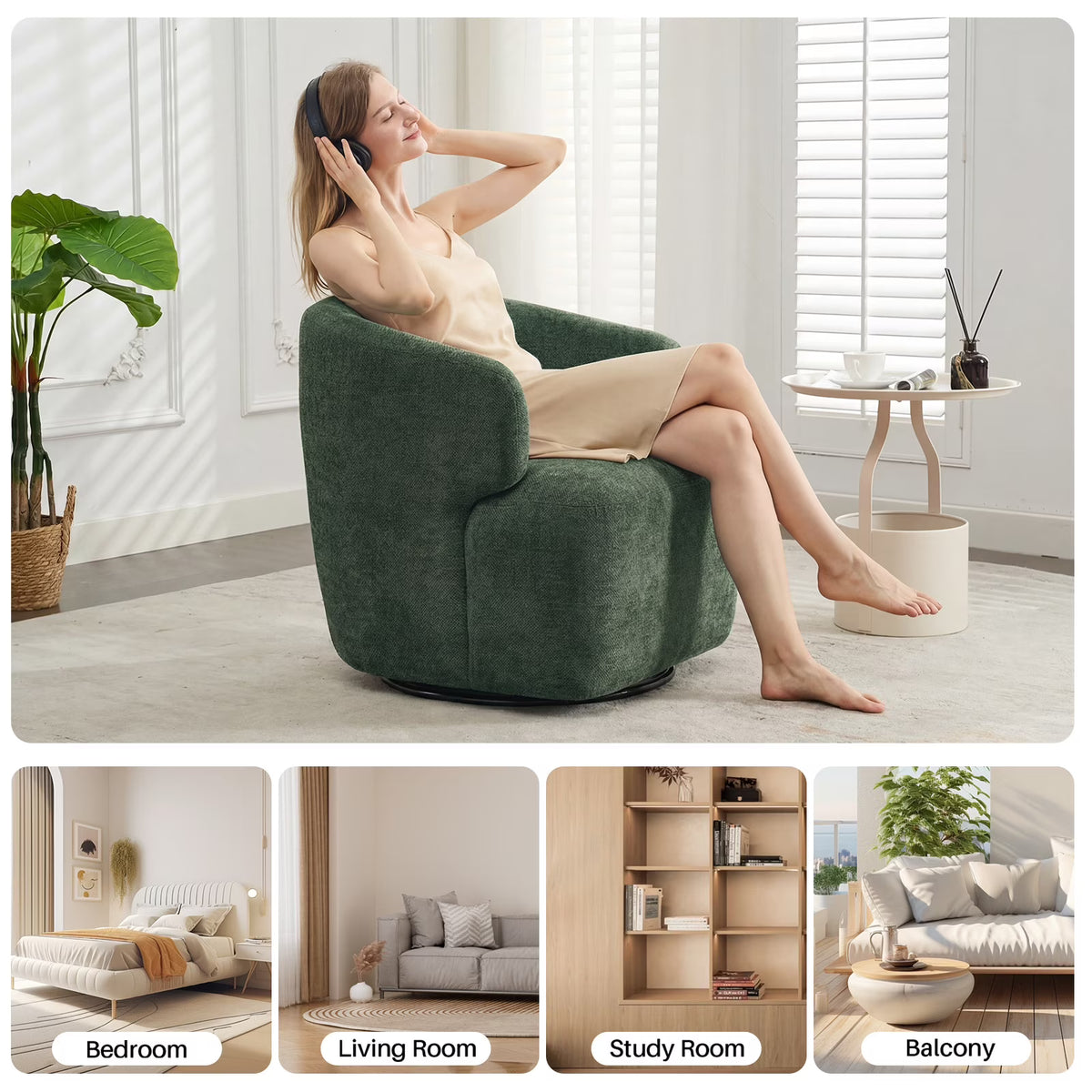 BRILHAMEZ Modern 30" Swivel Barrel Chair, Premium Chenille Fabric Round Accent Chair Comfy Club Lounge Armchair for Living Room Bedroom Office