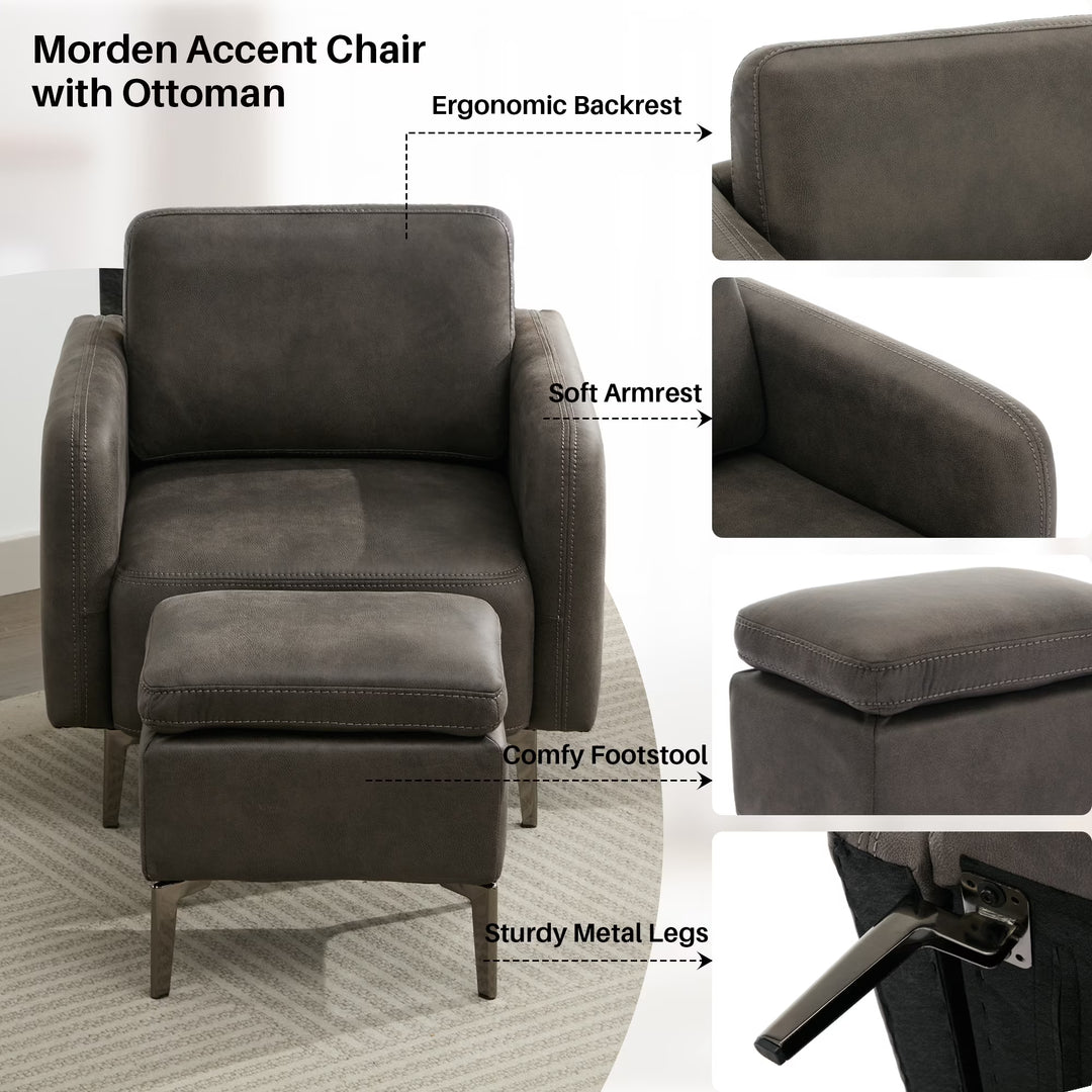 BRILHAMEZ Accent Chair with Ottoman Set, Faux Leather Single Armchair for Living Room Bedroom Reading Office,Gray