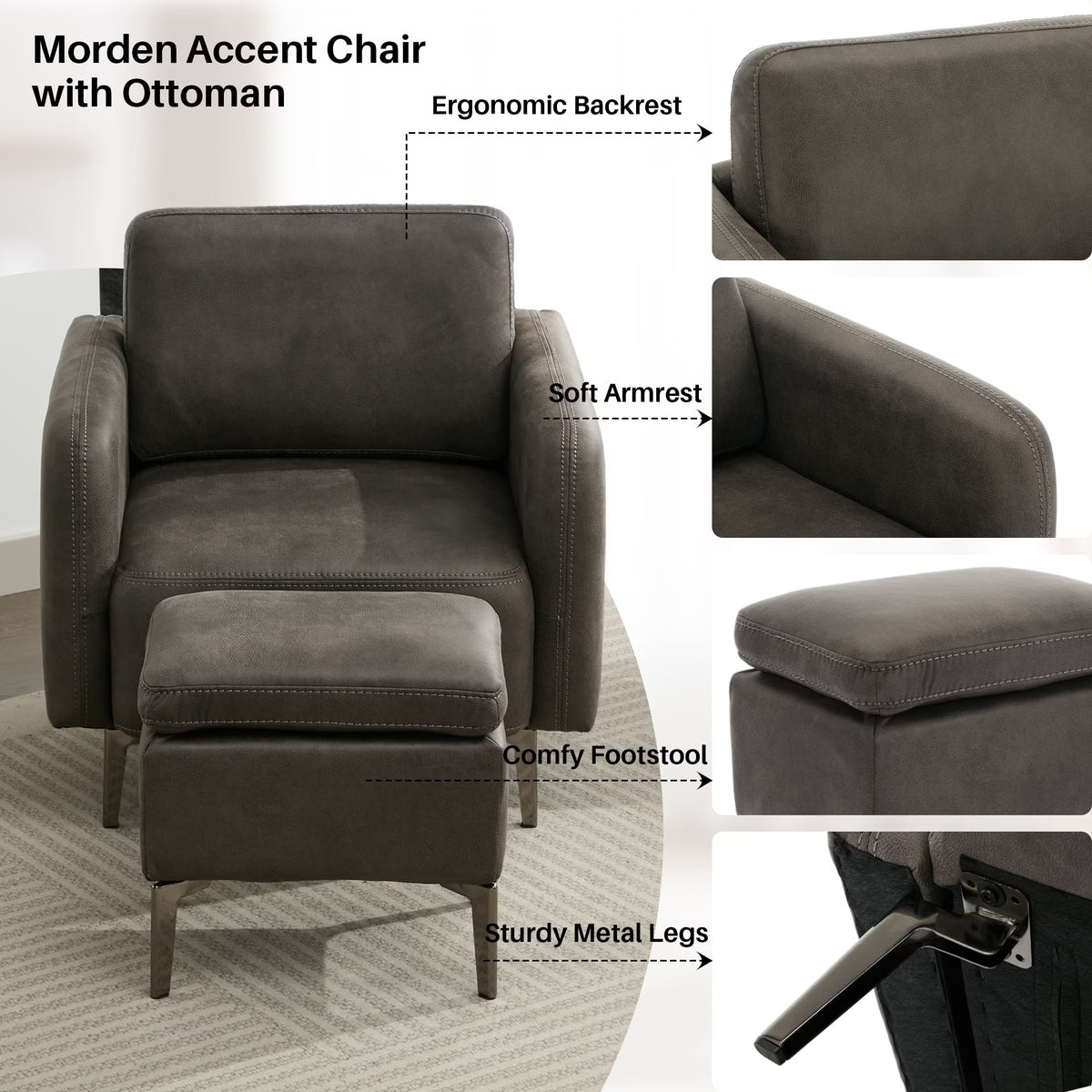 BRILHAMEZ Accent Chair with Ottoman Set, Faux Leather Single Armchair for Living Room Bedroom Reading Office,Gray