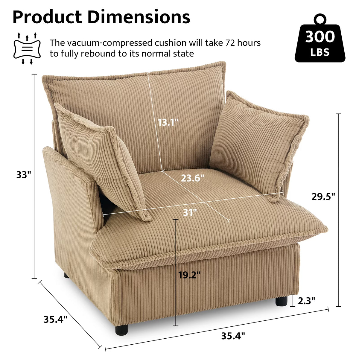 BRILHAMEZ 35" Wide Modern Oversized Accent Chair, Corduroy Single Sofa with Two Armrest Pillows,for Living Room, Reading, Office,Brown