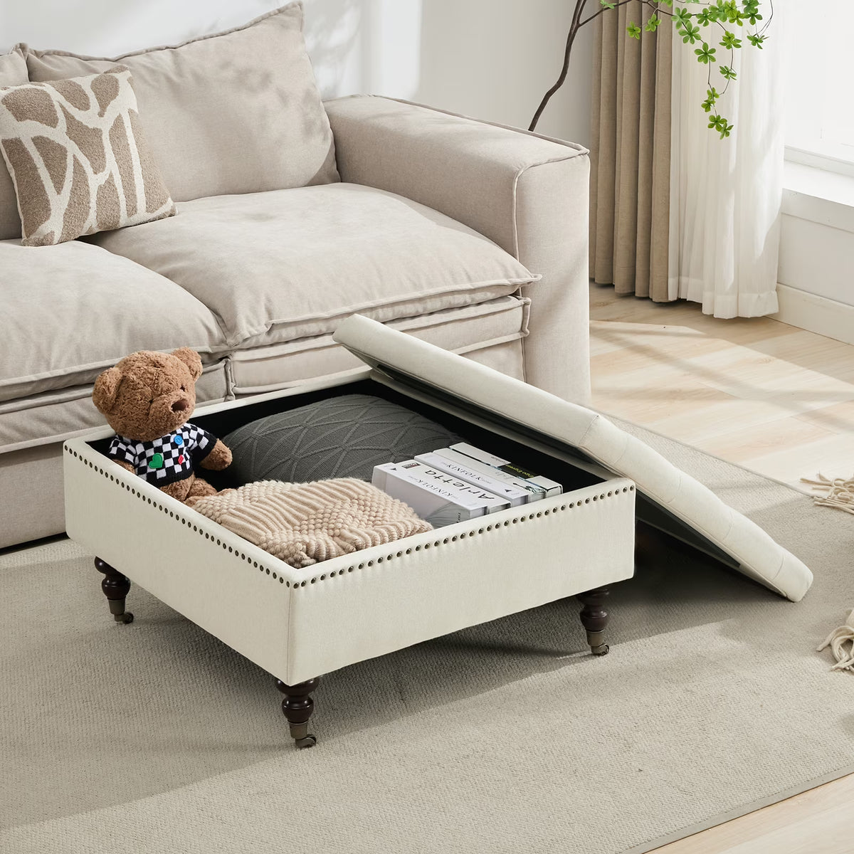 BRILHAMEZ Storage Ottoman Bench, Tufted Upholstered Seat with Hidden Storage, Multi-Functional Coffee Table and Foot Rest for Living Room, Gray