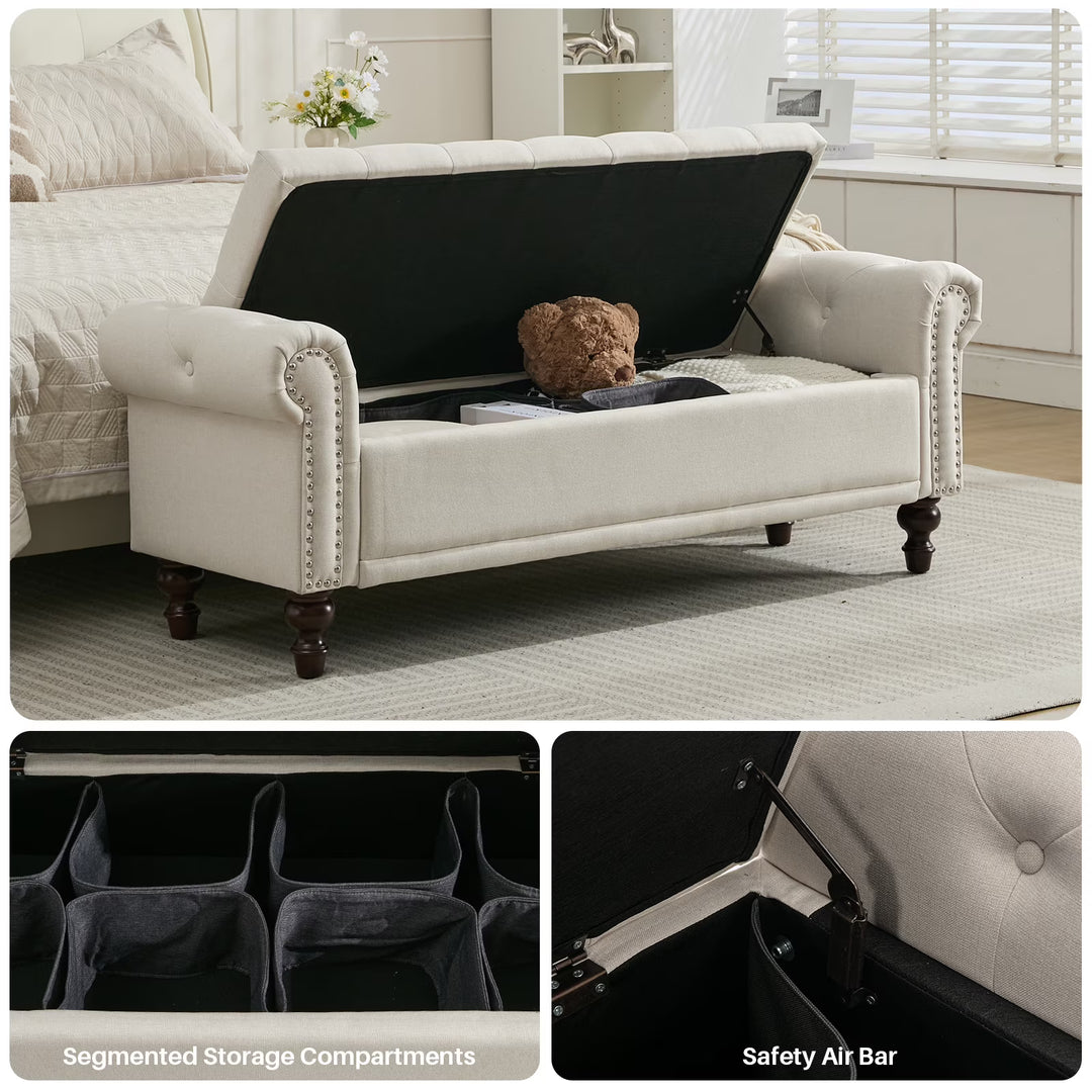 BRILHAMEZ Storage Bench with Button Tufted Upholstery Storage Ottoman Bench with Armrests for the End of the Bed,Living Room, and Entryway,Khaki