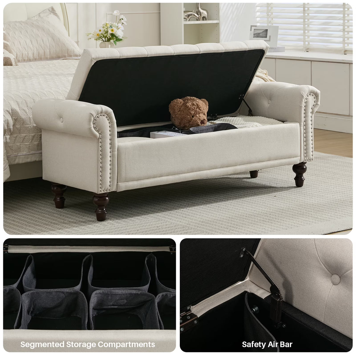 BRILHAMEZ 58" Button Tufted Storage Bench with Rolled Arms, Linen Upholstered Ottoman with Nailhead Trim for End of Bed