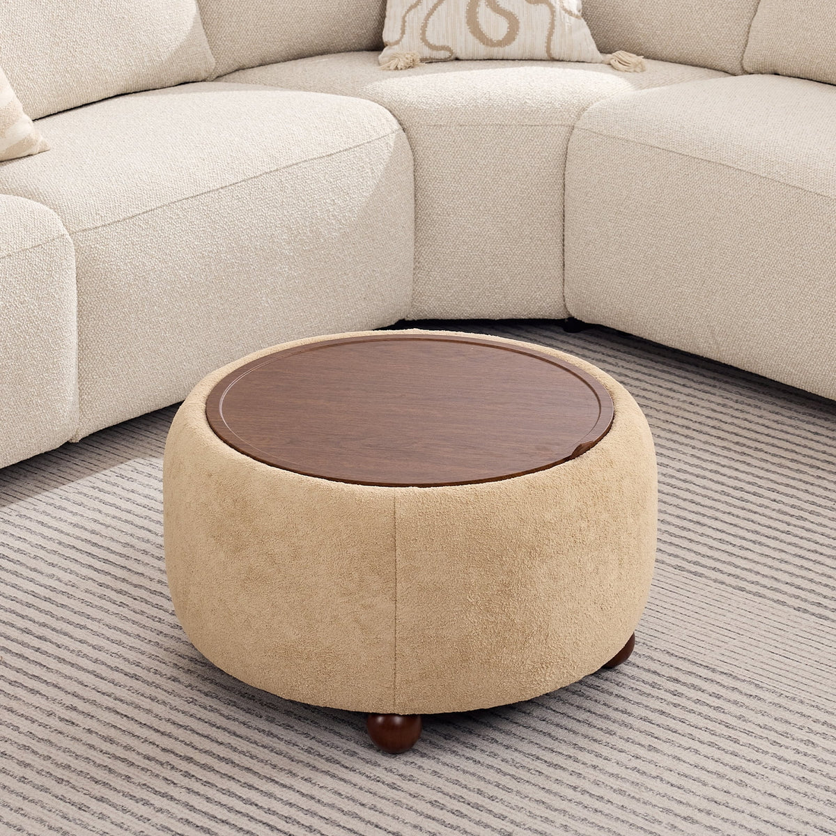 BRILHAMEZ Round Storage Ottoman with Reversible Wooden Tray, Modern Upholstered Footstool & Small Coffee Table with Hidden Compartment