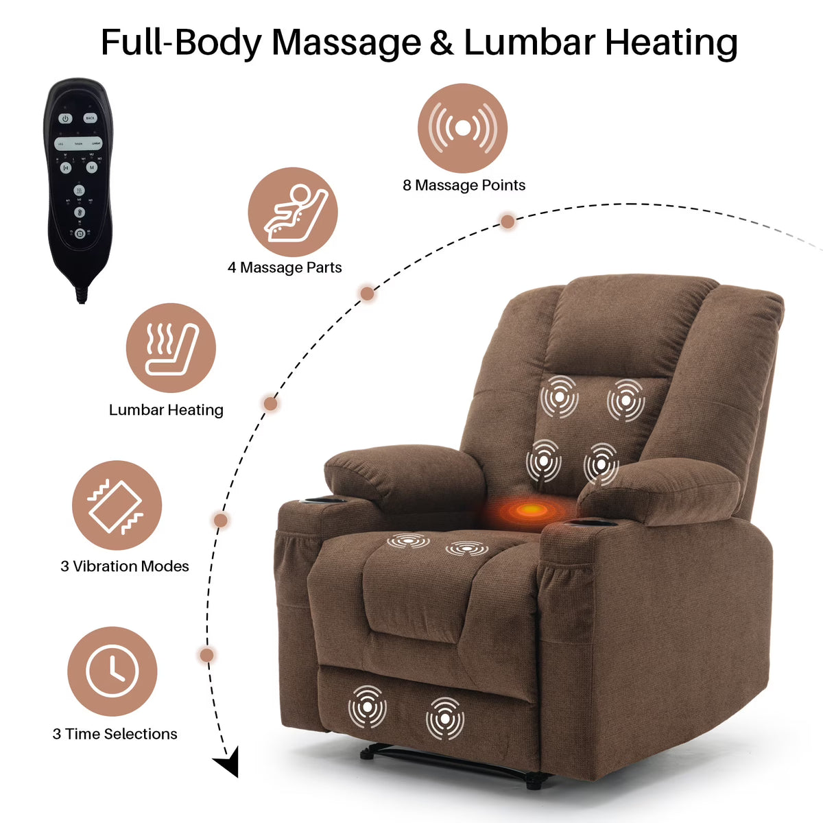 BRILHAMEZ Manual Recliner with Heating and Massage Functions Features Cup Holders and Side Storage Pockets Ideal for Bedrooms and Living Rooms Chenille Fabric for Soft Comfort,Brown