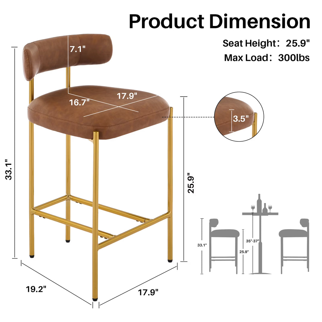 BRILHAMEZ Bar Stools Set of 2 with Backrest and Footrest Modern Gold Metal Frame Bar Stools for Kitchen Counter Bars and Cafes,Beige