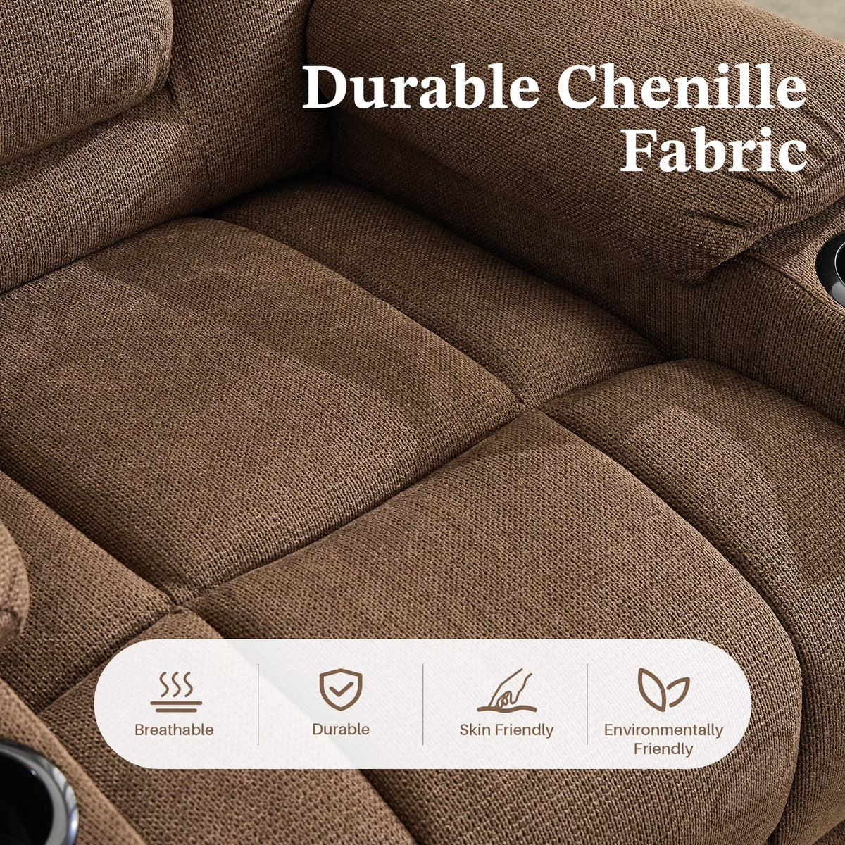 BRILHAMEZ Manual Recliner with Heating and Massage Functions Features Cup Holders and Side Storage Pockets Ideal for Bedrooms and Living Rooms Chenille Fabric for Soft Comfort,Brown