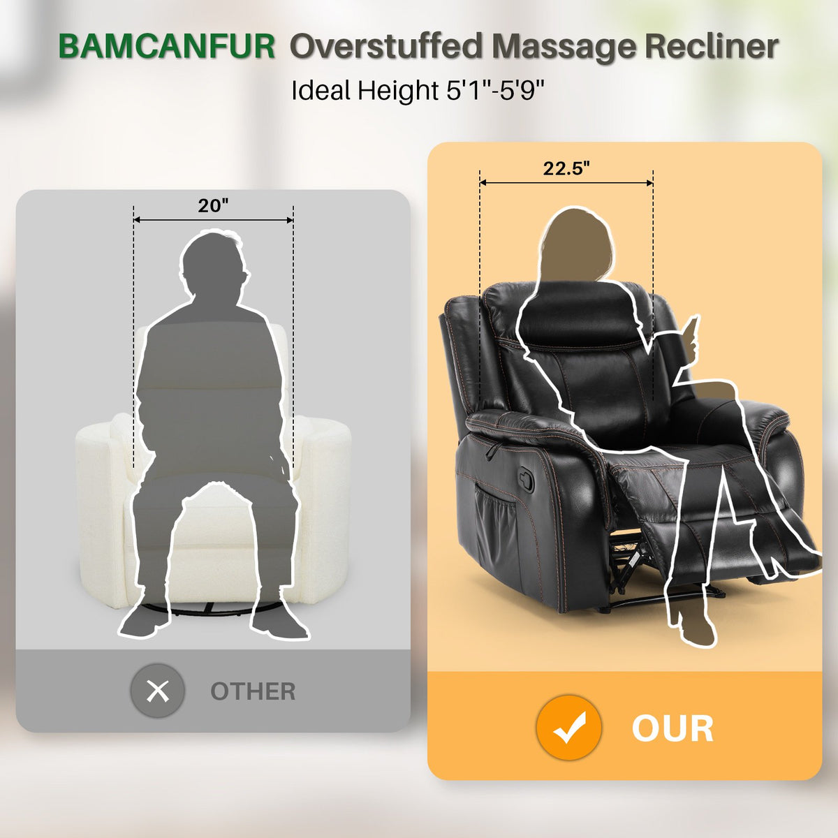 BRILHAMEZ 38 "Wide Manual Recliner, Adult Single Sofawith Heating and Massage, Leatherette Fabric, Suitable for Living Room and Bedroom,Gray