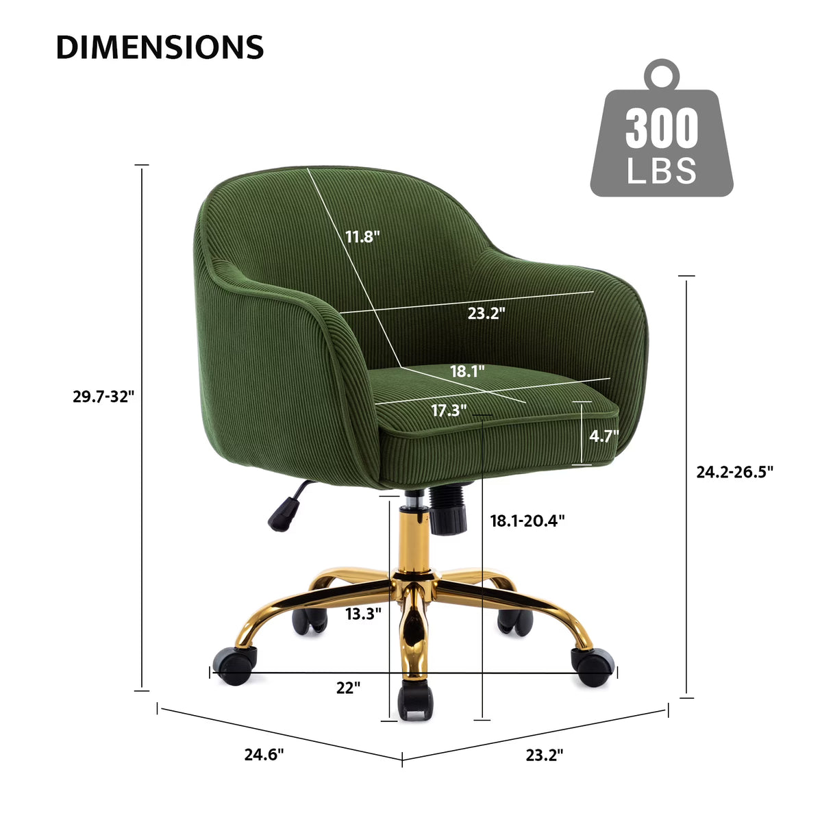 JURANYAZHU Velvet Office Chair, Ergonomic Desk Chair with Adjustable Height, 360° Swivel, Padded Armrests for Home Office, Green