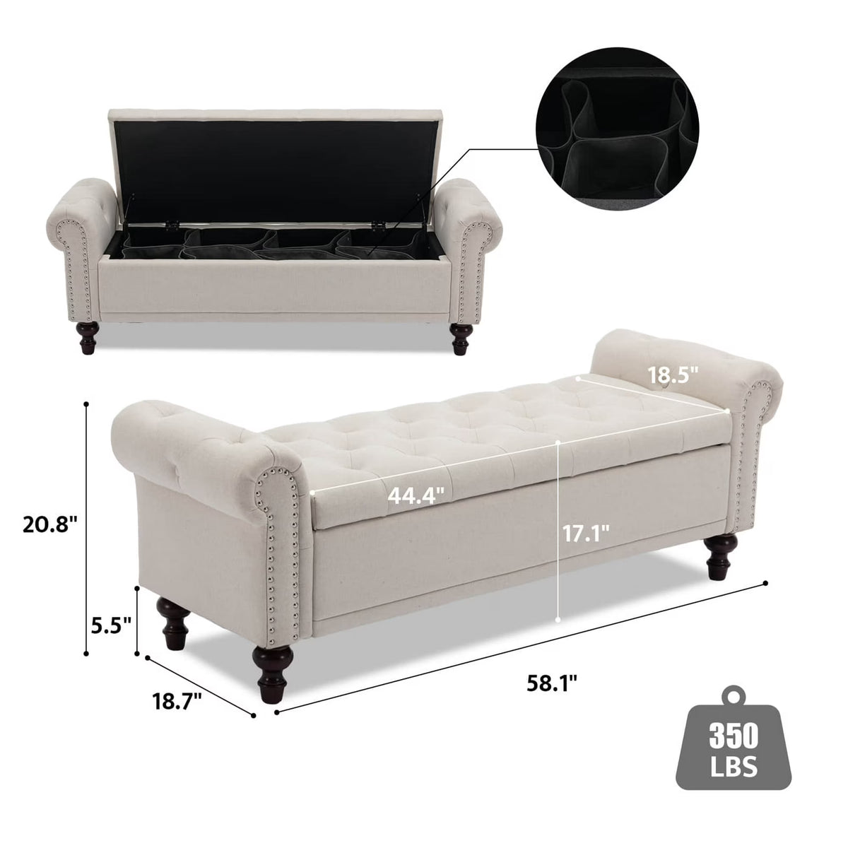 BRILHAMEZ 58" Button Tufted Storage Bench with Rolled Arms, Linen Upholstered Ottoman with Nailhead Trim for End of Bed