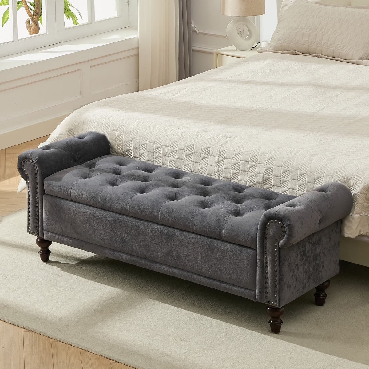 BRILHAMEZ 58" Button Tufted Storage Bench with Rolled Arms, Linen Upholstered Ottoman with Nailhead Trim for End of Bed