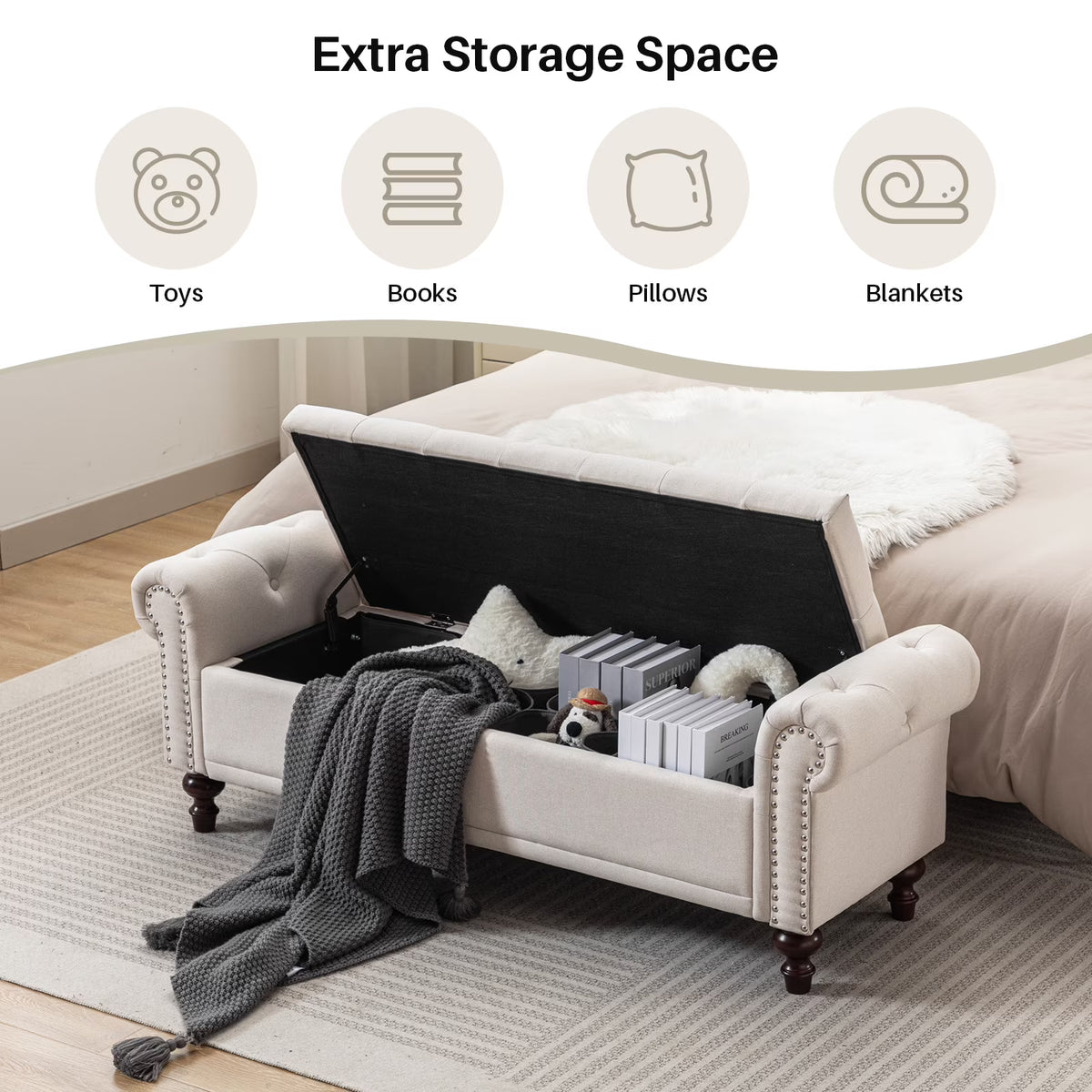 BRILHAMEZ 58" Button Tufted Storage Bench with Rolled Arms, Linen Upholstered Ottoman with Nailhead Trim for End of Bed