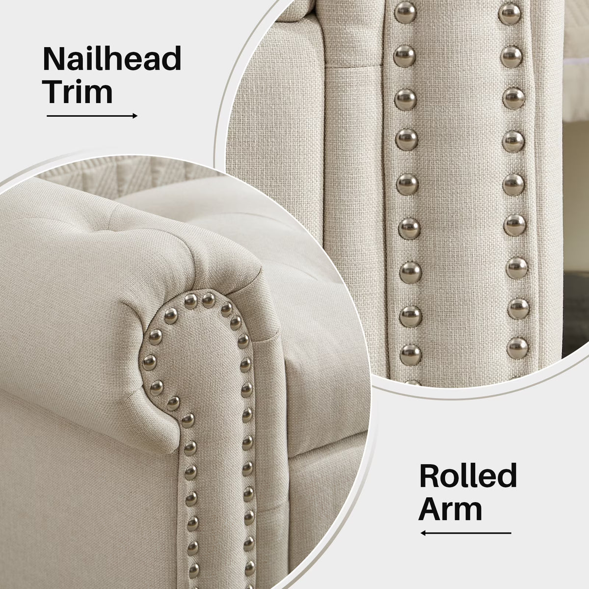 BRILHAMEZ 58" Button Tufted Storage Bench with Rolled Arms, Linen Upholstered Ottoman with Nailhead Trim for End of Bed