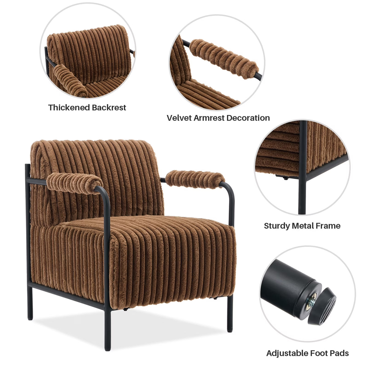 BRILHAMEZ 26.9W Velvet Accent Chair Modern Metal Frame Upholstered Armchair for Living Room, Bedroom (Brown)