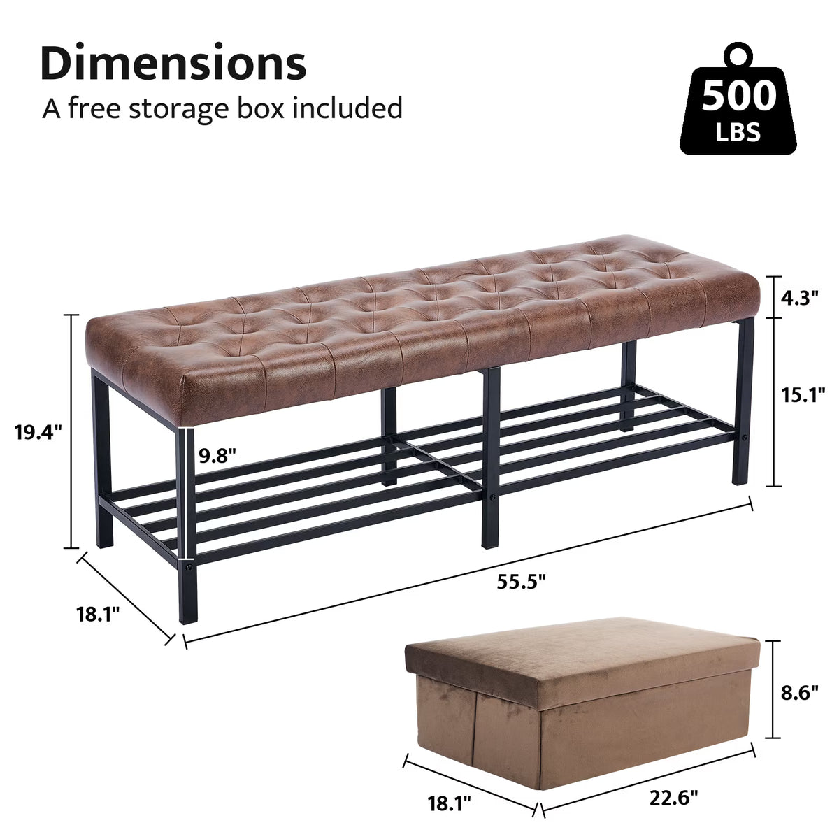 BRILHAMEZ 55"Wide Upholstered Bench Bed End Bench with Storage Box Iron Frame Shoe Bench for Bedroom Living Room Entryway,Dark Brown