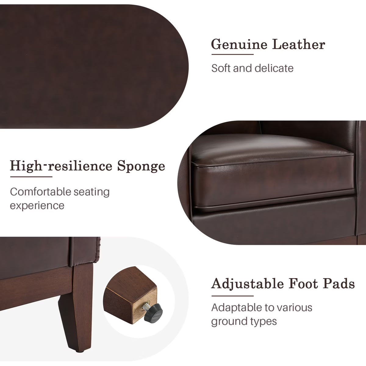 BRILHAMEZ Genuine Leather Accent Armchair with Adjustable Legs for Living Room Reading Office,Dark Brown