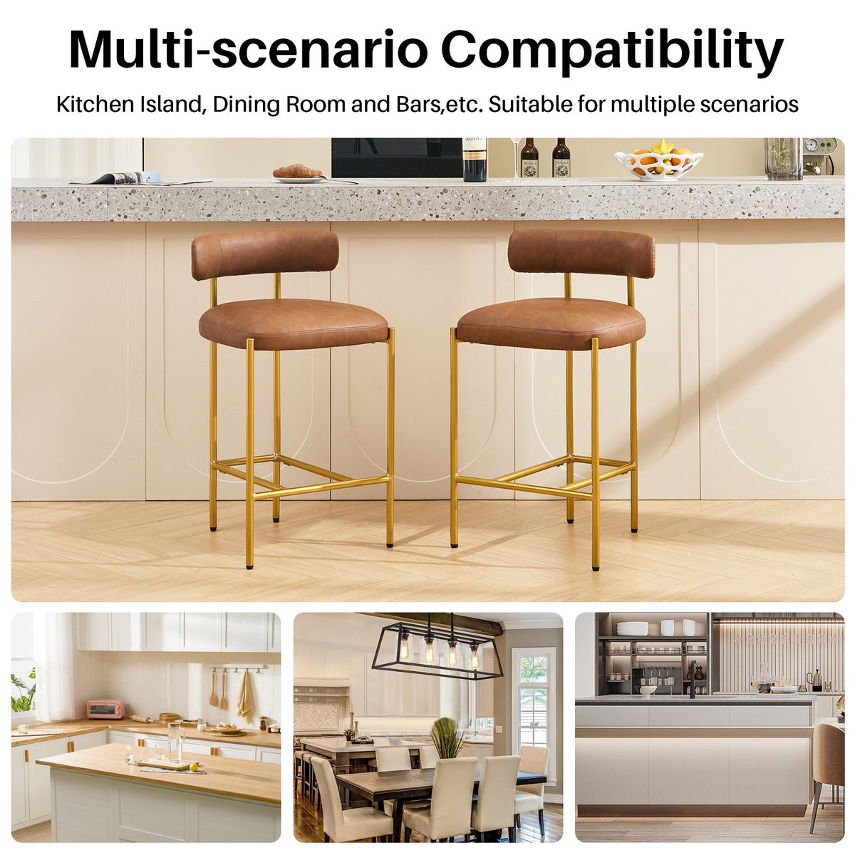 BRILHAMEZ Bar Stools Set of 2 with Backrest and Footrest Modern Gold Metal Frame Bar Stools for Kitchen Counter Bars and Cafes,Beige