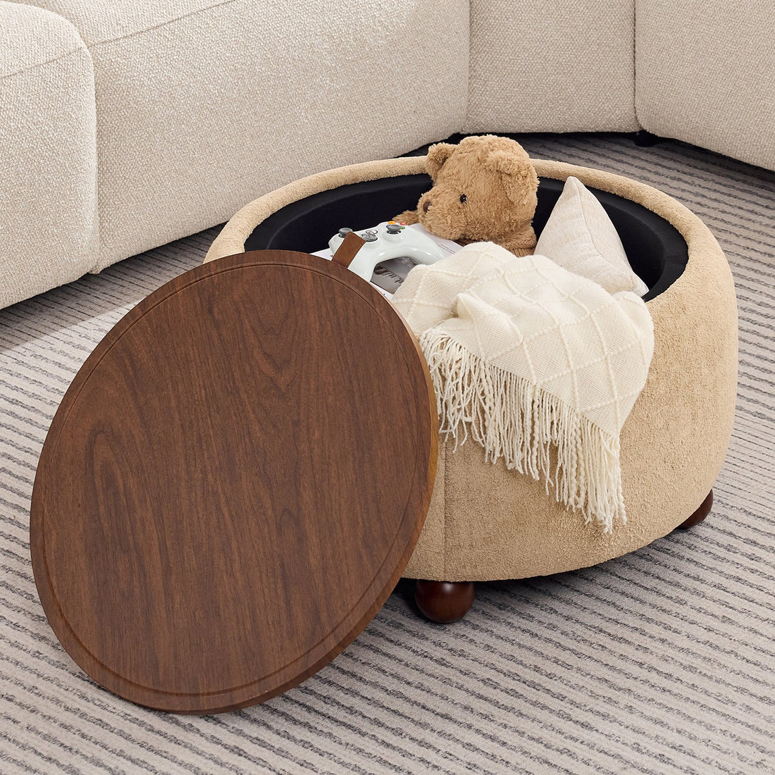 BRILHAMEZ Round Storage Ottoman with Reversible Wooden Tray, Modern Upholstered Footstool & Small Coffee Table with Hidden Compartment
