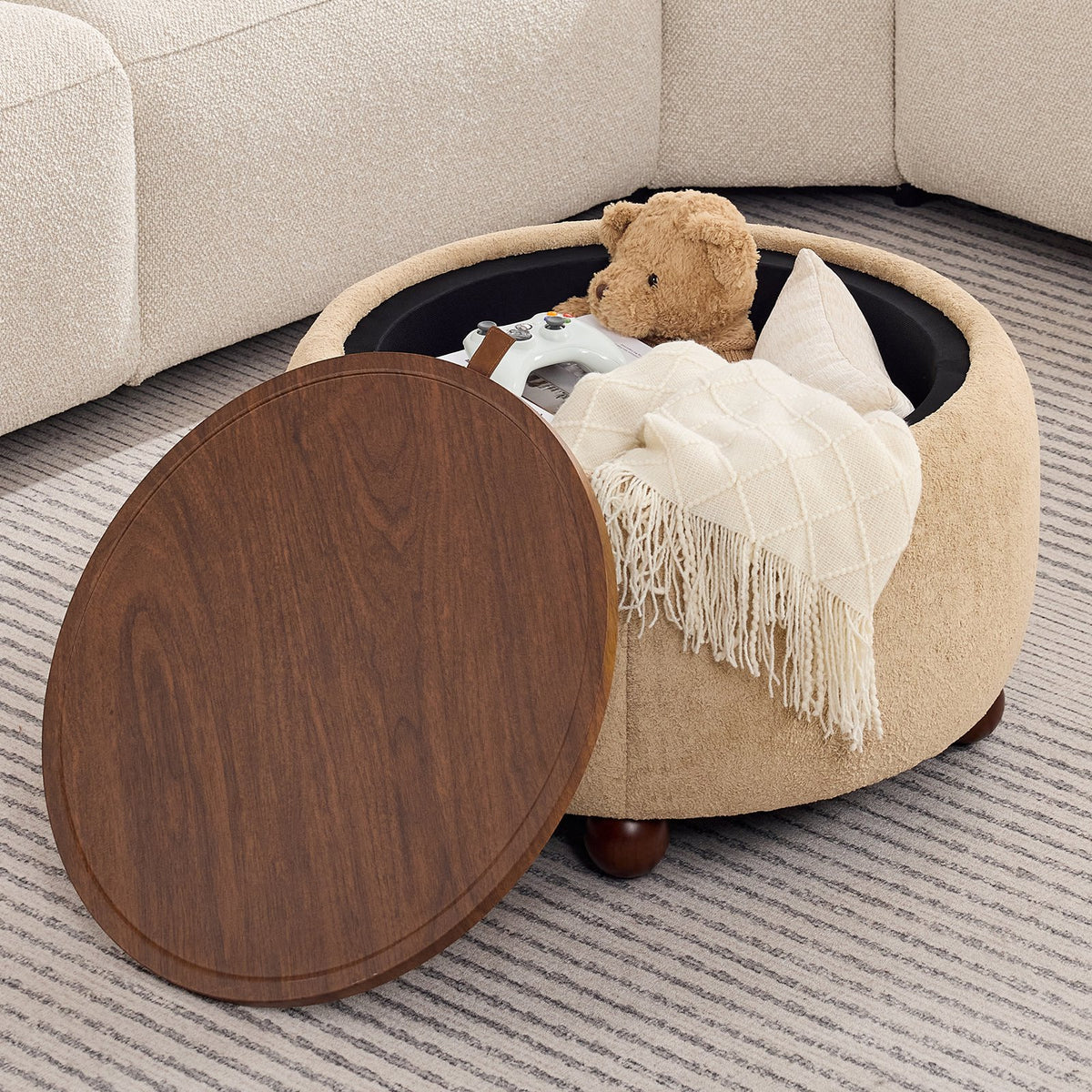 BRILHAMEZ Round Storage Ottoman with Reversible Wooden Tray, Modern Upholstered Footstool & Small Coffee Table with Hidden Compartment