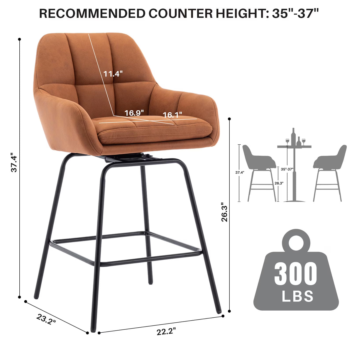 BRILHAMEZ Swivel Bar Stools Set of 2 Faux Leather 26.3 Inches High Mid-Century Barstools with Backrest,Gray