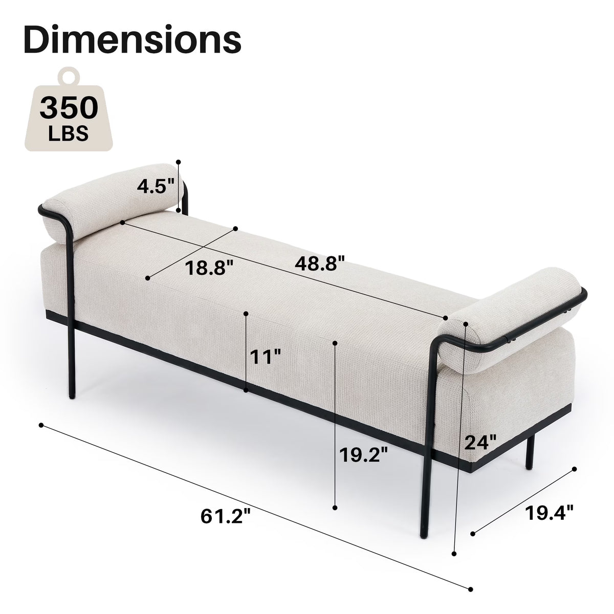 BRILHAMEZ 61" Long Upholstered End of Bed Bench, Modern Chenille Entryway Shoe Bench with Black Metal Legs for Bedroom and Living Room