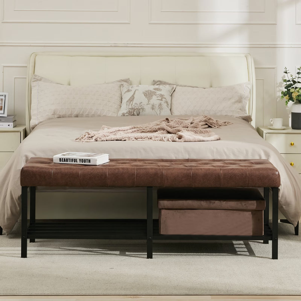 BRILHAMEZ 55"Wide Upholstered Bench Bed End Bench with Storage Box Iron Frame Shoe Bench for Bedroom Living Room Entryway,Dark Brown