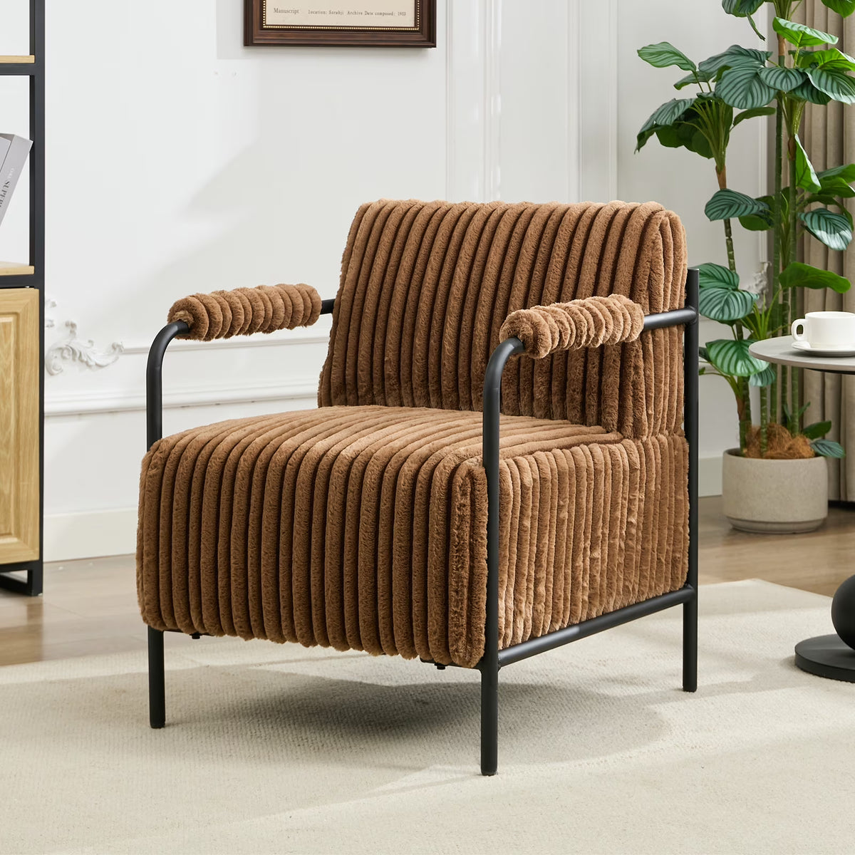 BRILHAMEZ 26.9W Velvet Accent Chair Modern Metal Frame Upholstered Armchair for Living Room, Bedroom (Brown)