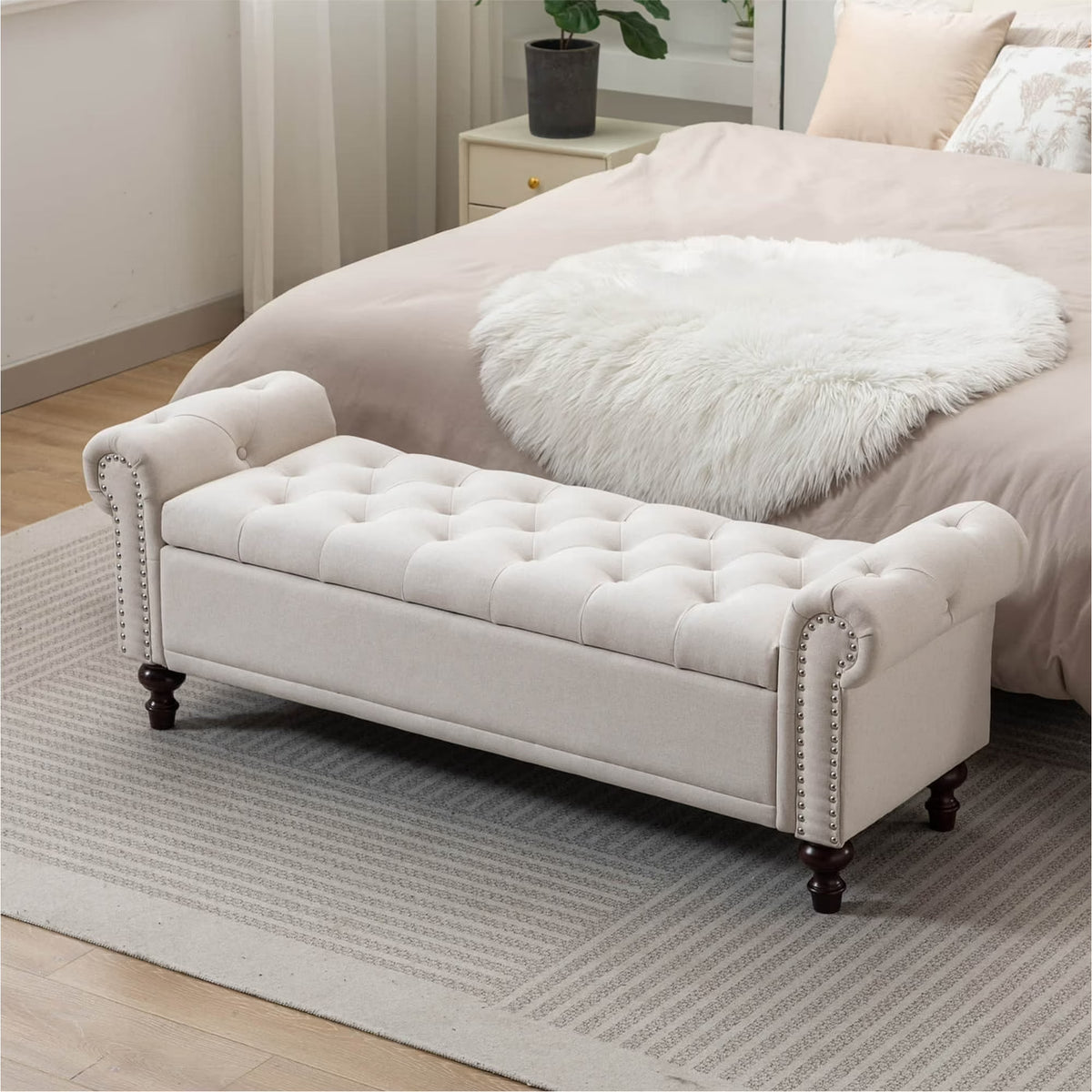 BRILHAMEZ 58" Button Tufted Storage Bench with Rolled Arms, Linen Upholstered Ottoman with Nailhead Trim for End of Bed