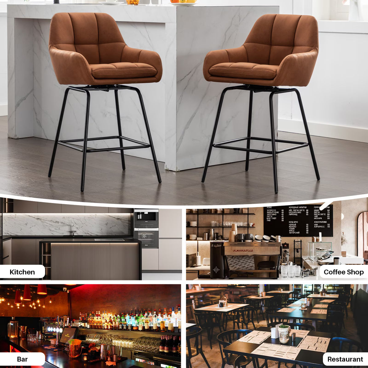BRILHAMEZ Swivel Bar Stools Set of 2 Faux Leather 26.3 Inches High Mid-Century Barstools with Backrest,Gray