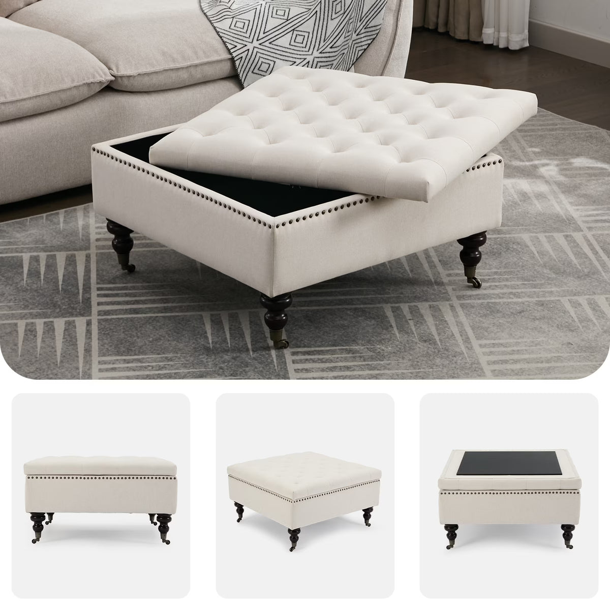 BRILHAMEZ Storage Ottoman Bench, Tufted Upholstered Seat with Hidden Storage, Multi-Functional Coffee Table and Foot Rest for Living Room, Gray