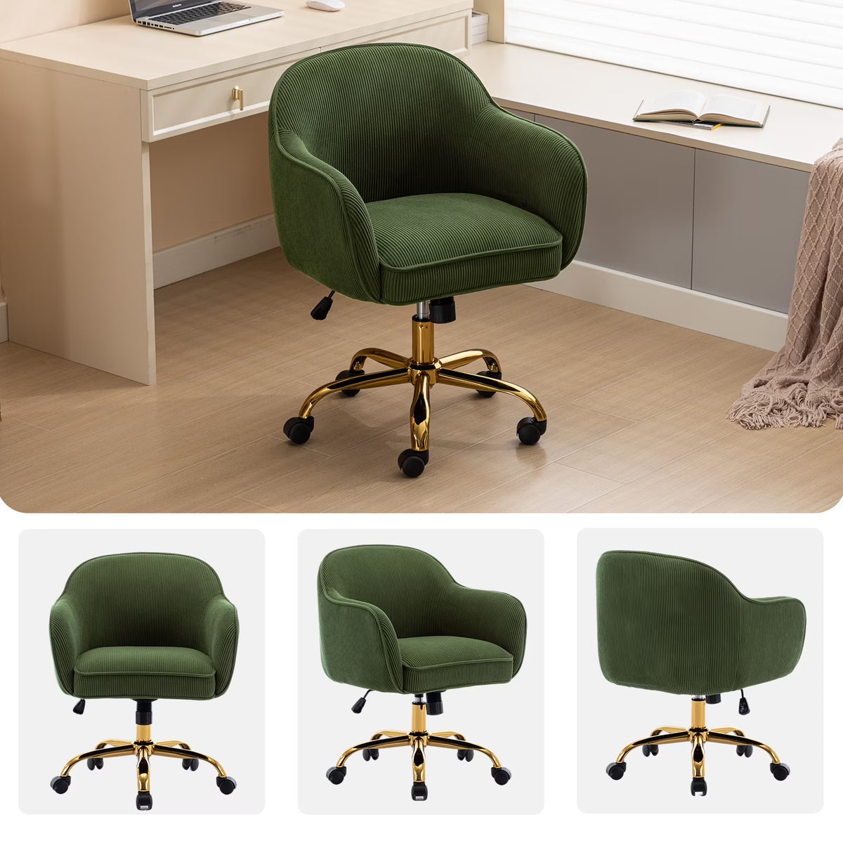 JURANYAZHU Velvet Office Chair, Ergonomic Desk Chair with Adjustable Height, 360° Swivel, Padded Armrests for Home Office, Green