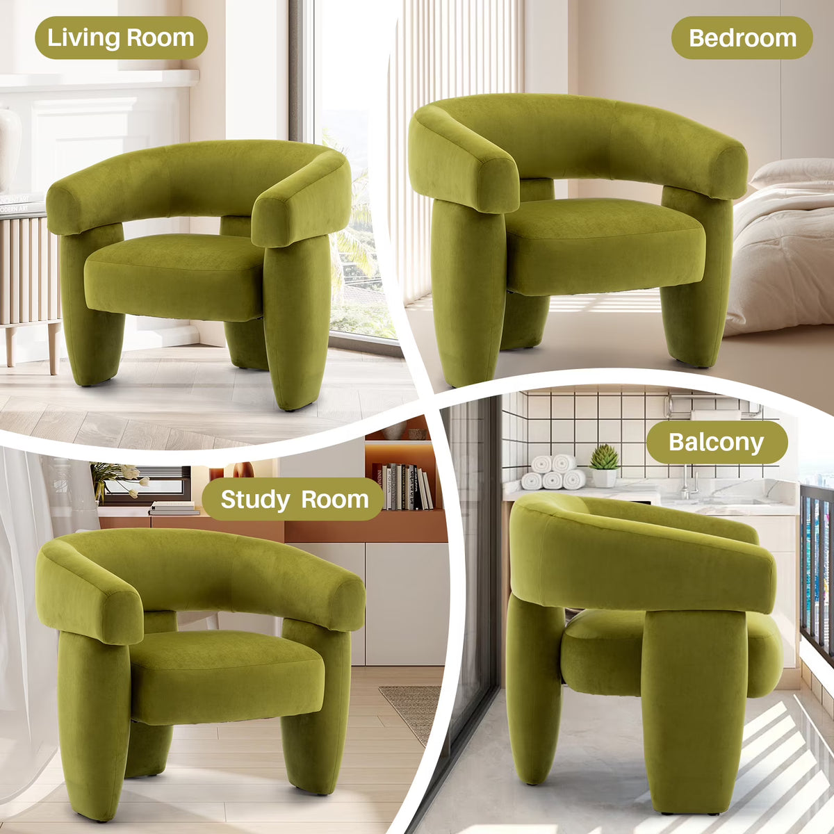 BRILHAMEZ Modern Accent Chair, Barrel Upholstered Armchair, Velvet Single Sofa Chair for Living Room, Bedroom, Reading,Green