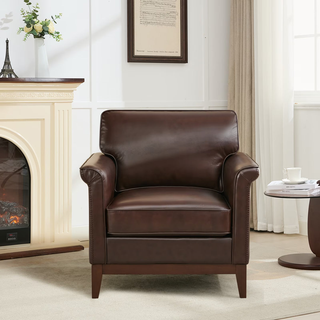 BRILHAMEZ Genuine Leather Accent Armchair with Adjustable Legs for Living Room Reading Office,Dark Brown