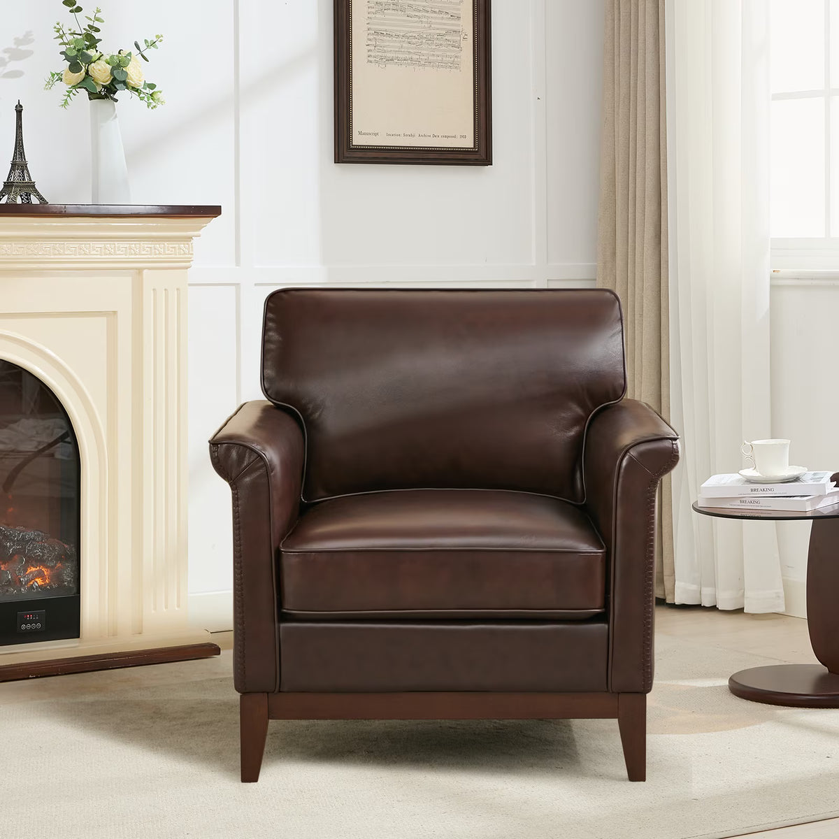 BRILHAMEZ Genuine Leather Accent Armchair with Adjustable Legs for Living Room Reading Office,Dark Brown