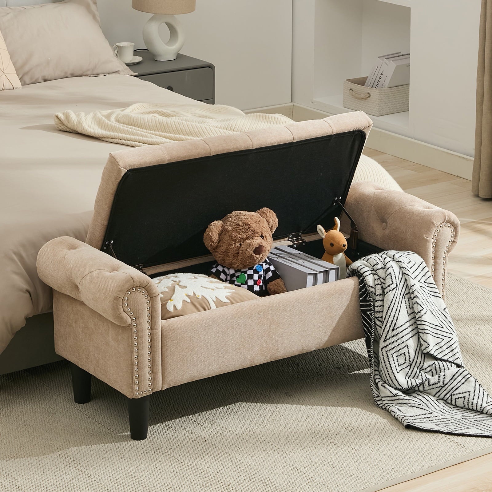 BRILHAMEZ 50" Button Tufted Storage Bench with Armrests, Upholstered Ottoman with Nailhead Trim for End of Bed, Entryway and Living Room
